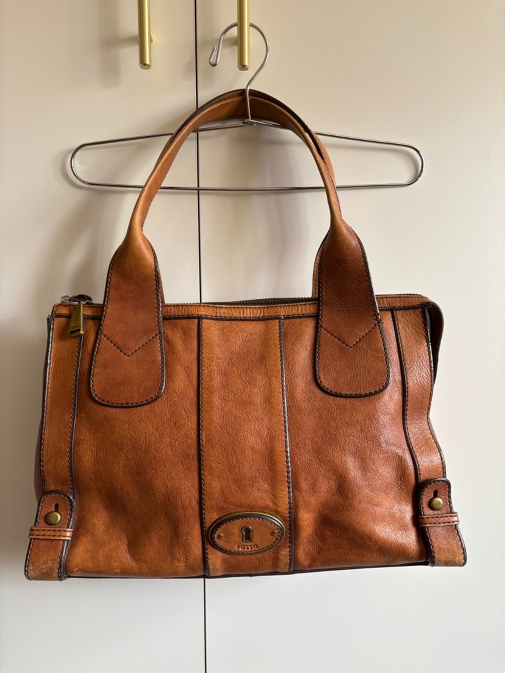 Fossil Leather Tote with Brass Accents